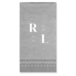 The Contemporary Modern Initials & Date Wedding Napkin design showcases a contemporary art aesthetic. Forming a box-like graphic, the couple's initials and the date are cleverly arranged in opposite corners, resembling stylized mathematical equations. This innovative design intertwines love and art, offering a unique and clever visual celebration of the special day.