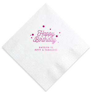 Celebrate the birthday star with the Happy Birthday Bubbles Name & Custom Phrase Napkin. Vibrant script and whimsical dots highlight their name, while your tailored message adds a one-of-a-kind touch, turning each napkin into a keepsake of the day's jubilant festivities.