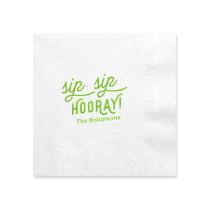The Retro Sip Sip Napkin design combines whimsy with nostalgia. "sip sip" in an artistic, flourished script evokes a retro feel, while "HOORAY" in bold all-caps exudes celebratory enthusiasm. Below, the family name adds a personal touch to this charming and fun design.