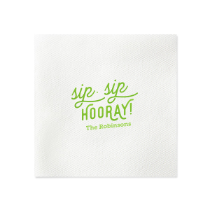 The Retro Sip Sip Napkin design combines whimsy with nostalgia. "sip sip" in an artistic, flourished script evokes a retro feel, while "HOORAY" in bold all-caps exudes celebratory enthusiasm. Below, the family name adds a personal touch to this charming and fun design.