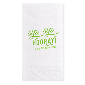 The Retro Sip Sip Napkin design combines whimsy with nostalgia. "sip sip" in an artistic, flourished script evokes a retro feel, while "HOORAY" in bold all-caps exudes celebratory enthusiasm. Below, the family name adds a personal touch to this charming and fun design.