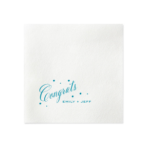 Celebrate special moments with the Small Confetti Dot Congrats Napkin, featuring 'Congrats' in an exuberant, flourished script, accentuated by fluttering dots that amplify its joyful energy. Below, the couple's names in simple block capitals add a grounding contrast, perfectly capturing the spirit of congratulations and celebration.