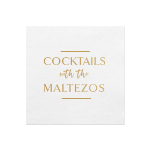The At Home Cocktail Party Name Napkin stylishly welcomes guests, featuring the family name elegantly framed by horizontal lines. The phrase "with the" in playful script adds a touch of whimsy, blending sophistication with a personalized, fun atmosphere for at-home gatherings.