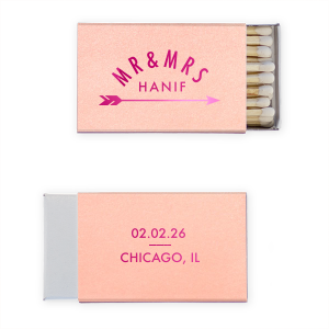 Strike a spark of celebration with the Wedding Arrow Matchbox, where an elegant 'Mr & Mrs' arch crowns the shared surname, accented by a dynamic shooting arrow. The back holds the date and locale, marking the start of the couple's forever