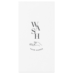 Promote hygiene with style using the Wash Your Hands Towel. It features "WASH" in a bold, playful script that visually cascades like water and soap onto a delicately illustrated upturned hand. Below, "your hands" in small bold letters serves as a gentle, artistic reminder for hand hygiene, perfect for homes or event facilities.