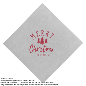 Ring in the holiday season with our personalized Festive Evergreen Napkin! Adorned with delightful pine tree designs and custom printed with your personalized text, these napkins bring a festive flair to your Christmas gatherings. Select from an array of foil colors to perfectly complement your holiday décor. Perfect for Christmas parties, family feasts, and holiday celebrations, these napkins add a cheerful touch to every table setting. Make your festive moments unforgettable with these unique, custom-printed napkins that guests will cherish.