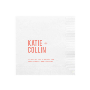 Engage guests with the Bold + Beautiful Fun Fact Napkin featuring the couple's names in standout all-caps alongside an intriguing fact. These napkins are ideal for encouraging lively discussions and deepening connections at your event.