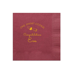 Our custom Merlot Cocktail Napkin with Matte Sunflower Foil has a Graduation Scroll graphic and is good for use in Graduation themed parties and can be customized to complement every last detail of your party.