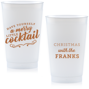 Our custom Copper Ink 9 oz Frost Flex Cup with Copper Ink Cup Ink Colors has a Merry Little Cocktail graphic and is good for use in Words, Drinks, Holiday themed parties and couldn't be more perfect. It's time to show off your impeccable taste.