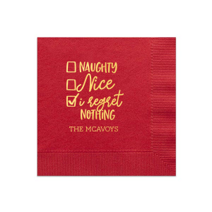 ForYourParty's personalized Convertible Red Cocktail Napkin with Shiny 18 Kt Gold Foil has a Naughty Nice graphic and is good for use in Christmas, Holiday, Words themed parties and will add that special attention to detail that cannot be overlooked.