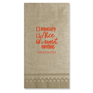 ForYourParty's personalized Convertible Red Cocktail Napkin with Shiny 18 Kt Gold Foil has a Naughty Nice graphic and is good for use in Christmas, Holiday, Words themed parties and will add that special attention to detail that cannot be overlooked.