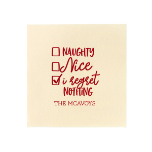 ForYourParty's personalized Convertible Red Cocktail Napkin with Shiny 18 Kt Gold Foil has a Naughty Nice graphic and is good for use in Christmas, Holiday, Words themed parties and will add that special attention to detail that cannot be overlooked.
