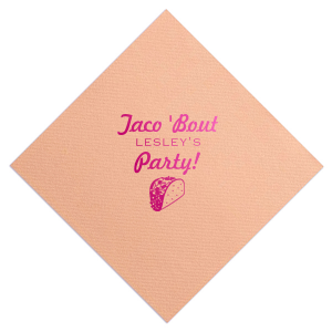 ForYourParty's elegant Watercolor Sunrise Cocktail Napkin with Shiny Fuchsia Foil has a Taco graphic and is good for use in Food themed parties and will make your guests swoon. Personalize your party's theme today.