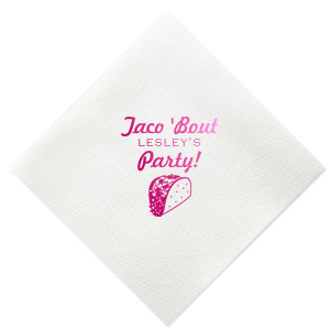 ForYourParty's elegant Watercolor Sunrise Cocktail Napkin with Shiny Fuchsia Foil has a Taco graphic and is good for use in Food themed parties and will make your guests swoon. Personalize your party's theme today.