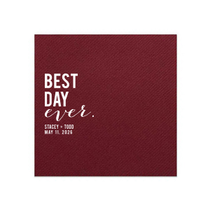 The Best Day Ever Block Napkin features bold stacked lettering with the couple’s names and special date paired with flowing script for a modern, celebratory statement. Choose it to add a joyful, polished touch to your table setting. Perfect for wedding receptions, engagement parties, or memorable milestone celebrations.