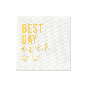 The Best Day Ever Block Napkin features bold stacked lettering with the couple’s names and special date paired with flowing script for a modern, celebratory statement. Choose it to add a joyful, polished touch to your table setting. Perfect for wedding receptions, engagement parties, or memorable milestone celebrations.