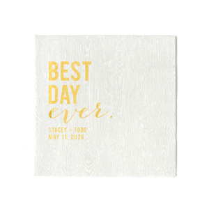 The Best Day Ever Block Napkin features bold stacked lettering with the couple’s names and special date paired with flowing script for a modern, celebratory statement. Choose it to add a joyful, polished touch to your table setting. Perfect for wedding receptions, engagement parties, or memorable milestone celebrations.