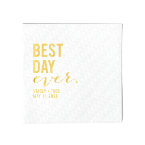 The Best Day Ever Block Napkin features bold stacked lettering with the couple’s names and special date paired with flowing script for a modern, celebratory statement. Choose it to add a joyful, polished touch to your table setting. Perfect for wedding receptions, engagement parties, or memorable milestone celebrations.
