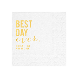 The Best Day Ever Block Napkin features bold stacked lettering with the couple’s names and special date paired with flowing script for a modern, celebratory statement. Choose it to add a joyful, polished touch to your table setting. Perfect for wedding receptions, engagement parties, or memorable milestone celebrations.