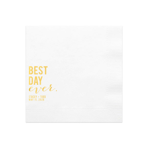 The Best Day Ever Block Napkin features bold stacked lettering with the couple’s names and special date paired with flowing script for a modern, celebratory statement. Choose it to add a joyful, polished touch to your table setting. Perfect for wedding receptions, engagement parties, or memorable milestone celebrations.