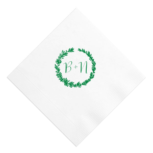 The Botanic Wreath Monogram Napkin pairs rustic charm with personalized elegance, showcasing a verdant wreath that frames your initials. This design lends a touch of natural sophistication to any event, making it an ideal choice for those seeking a blend of the classic and the personal.