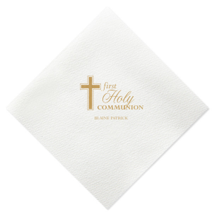 Celebrate faith with a touch of elegance. The Holy Communion Napkin design features a prominent cross, offering a timeless symbol of devotion and joy, ready to be personalized for your special occasion.