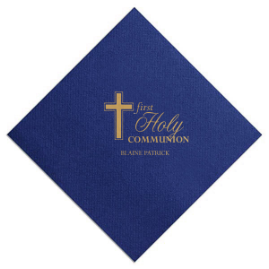 Celebrate faith with a touch of elegance. The Holy Communion Napkin design features a prominent cross, offering a timeless symbol of devotion and joy, ready to be personalized for your special occasion.