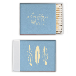 The ever-popular Poptone Peach Riviera Matchbox with Satin Copper Penny Foil has a Feather Group graphic and is good for use in  Trendy, Southwestern and Graduation themed parties and will make your guests swoon. Personalize your party's theme today.