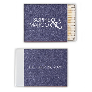 Illuminate your union with the Ampersand Wedding Match where a grand ampersand artfully unites the couple's names in a modern embrace. The event date on the back adds a sleek, contemporary finish to your matrimonial festivities