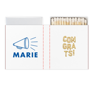 Our custom White Classic Custom Photo Matchbox with Matte Royal Blue Ink Digital Print Colors has a Megaphone graphic and is good for use in Kid Birthday, Graduation, Sports themed parties and will give your party the personalized touch every host desires.