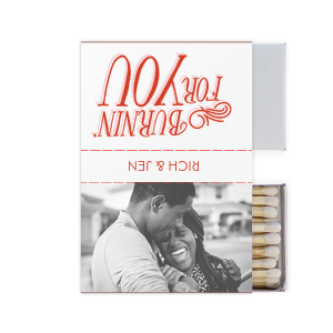 ForYourParty's chic White Classic Custom Photo Matchbox with Matte Blush Ink Digital Print Colors and Matte Poppy Ink Digital Print Colors has a Burning For You graphic and a Burning For You graphic and is good for use in Words, Calligraphy, Wedding themed parties and will make your guests swoon. Personalize your party's theme today.