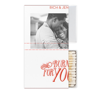 ForYourParty's chic White Classic Custom Photo Matchbox with Matte Blush Ink Digital Print Colors and Matte Poppy Ink Digital Print Colors has a Burning For You graphic and a Burning For You graphic and is good for use in Words, Calligraphy, Wedding themed parties and will make your guests swoon. Personalize your party's theme today.