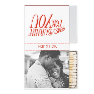 ForYourParty's chic White Classic Custom Photo Matchbox with Matte Blush Ink Digital Print Colors and Matte Poppy Ink Digital Print Colors has a Burning For You graphic and a Burning For You graphic and is good for use in Words, Calligraphy, Wedding themed parties and will make your guests swoon. Personalize your party's theme today.