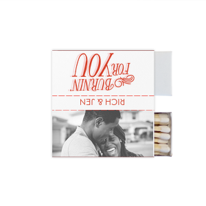 ForYourParty's chic White Classic Custom Photo Matchbox with Matte Blush Ink Digital Print Colors and Matte Poppy Ink Digital Print Colors has a Burning For You graphic and a Burning For You graphic and is good for use in Words, Calligraphy, Wedding themed parties and will make your guests swoon. Personalize your party's theme today.