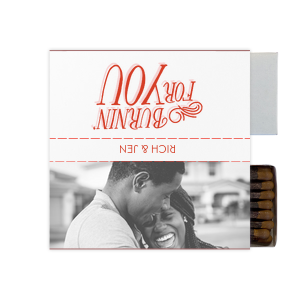 ForYourParty's chic White Classic Custom Photo Matchbox with Matte Blush Ink Digital Print Colors and Matte Poppy Ink Digital Print Colors has a Burning For You graphic and a Burning For You graphic and is good for use in Words, Calligraphy, Wedding themed parties and will make your guests swoon. Personalize your party's theme today.