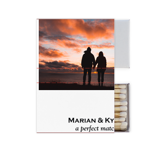 Our beautiful custom White Classic Custom Photo Matchbox with Matte Black Ink Digital Print Colors and Matte Fuchsia Ink Digital Print Colors will impress guests like no other. Make this party unforgettable.