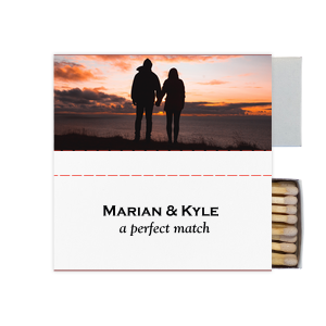 Our beautiful custom White Classic Custom Photo Matchbox with Matte Black Ink Digital Print Colors and Matte Fuchsia Ink Digital Print Colors will impress guests like no other. Make this party unforgettable.