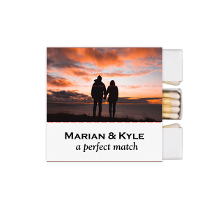 Our beautiful custom White Classic Custom Photo Matchbox with Matte Black Ink Digital Print Colors and Matte Fuchsia Ink Digital Print Colors will impress guests like no other. Make this party unforgettable.