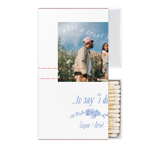 ForYourParty's chic White Square Custom Photo Matchbox with Matte White Ink Digital Print Colors and Matte Periwinkle Ink Digital Print Colors has a Peony Flourish 2 graphic and is good for use in Floral themed parties and will give your party the personalized touch every host desires.