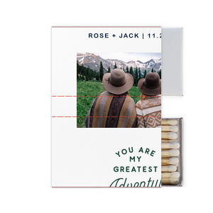 ForYourParty's chic White Classic Custom Photo Matchbox with Matte Spruce Ink Digital Print Colors and Matte Navy Ink Digital Print Colors has a Greatest Adventure graphic and is good for use in Wedding, Travel, Words themed parties and will look fabulous with your unique touch. Your guests will agree!