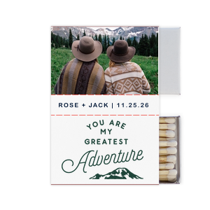 ForYourParty's chic White Classic Custom Photo Matchbox with Matte Spruce Ink Digital Print Colors and Matte Navy Ink Digital Print Colors has a Greatest Adventure graphic and is good for use in Wedding, Travel, Words themed parties and will look fabulous with your unique touch. Your guests will agree!