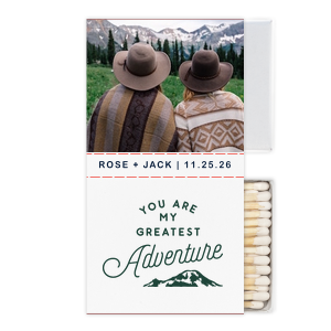 ForYourParty's chic White Classic Custom Photo Matchbox with Matte Spruce Ink Digital Print Colors and Matte Navy Ink Digital Print Colors has a Greatest Adventure graphic and is good for use in Wedding, Travel, Words themed parties and will look fabulous with your unique touch. Your guests will agree!