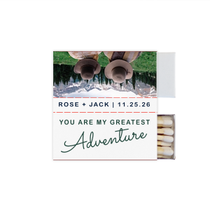 ForYourParty's chic White Classic Custom Photo Matchbox with Matte Spruce Ink Digital Print Colors and Matte Navy Ink Digital Print Colors has a Greatest Adventure graphic and is good for use in Wedding, Travel, Words themed parties and will look fabulous with your unique touch. Your guests will agree!