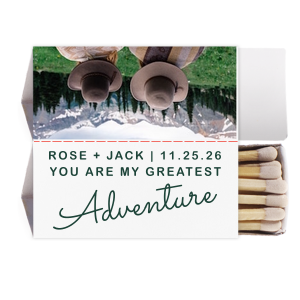 ForYourParty's chic White Classic Custom Photo Matchbox with Matte Spruce Ink Digital Print Colors and Matte Navy Ink Digital Print Colors has a Greatest Adventure graphic and is good for use in Wedding, Travel, Words themed parties and will look fabulous with your unique touch. Your guests will agree!