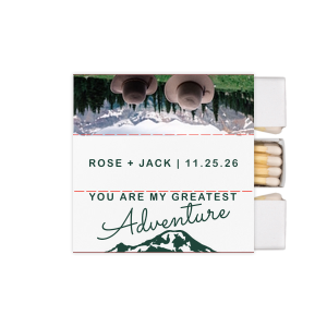 ForYourParty's chic White Classic Custom Photo Matchbox with Matte Spruce Ink Digital Print Colors and Matte Navy Ink Digital Print Colors has a Greatest Adventure graphic and is good for use in Wedding, Travel, Words themed parties and will look fabulous with your unique touch. Your guests will agree!