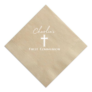 The Cross First Communion Napkin features graceful script lettering above a classic cross icon for a timeless, reverent touch. Add it to your celebration to create a meaningful detail guests will appreciate. Lovely for First Communion family gatherings.