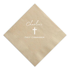 The Cross First Communion Napkin features graceful script lettering above a classic cross icon for a timeless, reverent touch. Add it to your celebration to create a meaningful detail guests will appreciate. Lovely for First Communion family gatherings.