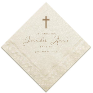 Our beautiful custom Ivory Cocktail Napkin with Shiny Champagne Foil has a Cross graphic and is good for use in Christian Symbols themed parties and are a must-have for your next event—whatever the celebration!
