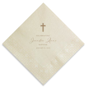 Our beautiful custom Ivory Cocktail Napkin with Shiny Champagne Foil has a Cross graphic and is good for use in Christian Symbols themed parties and are a must-have for your next event—whatever the celebration!