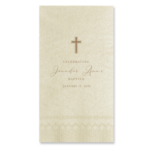 The Celebrating Baptism Napkin features a cross illustration paired with flowing calligraphy and a customizable date for a meaningful table accent. Choose it to honor the moment with quiet elegance and intention. Refined for baptisms and faith-centered gatherings.